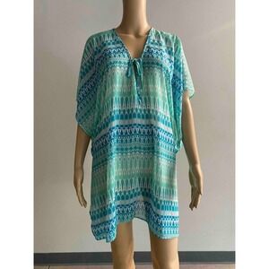 FRANCESCA'S Blue Green Geometric Ikat Swim Cover Up Kaftan Poncho S/M